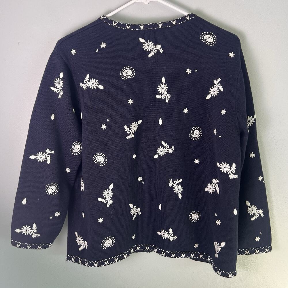 Vintage Talbots Women Cotton Knit Embroidered Full Zip Sweater Floral Sz L Black - Picture 8 of 9